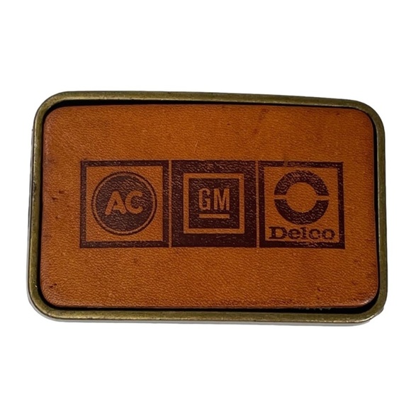 Leather & Brass Belt Buckle Logo GM AC Delco - Picture 1 of 8